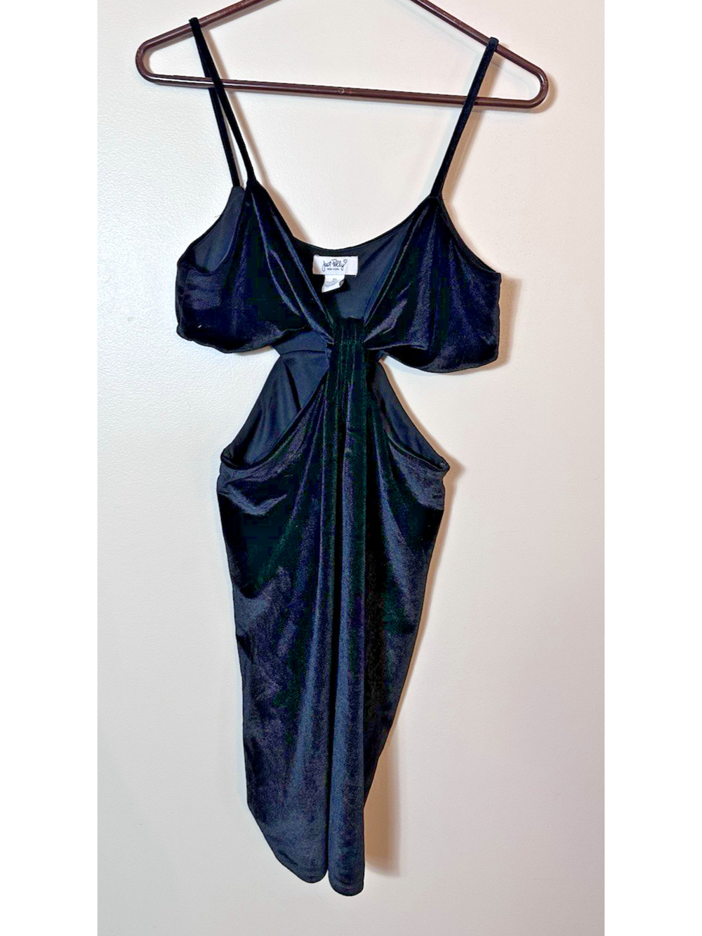Just Polly Dress Womens Size XL Black Draped Waist Cutout Slit Midi Party Velour